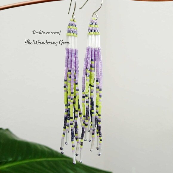 Jellyfish Beaded Fringe Shoulder Duster Dangle Earrings, Purple & Green 4.5" - Picture 9 of 9